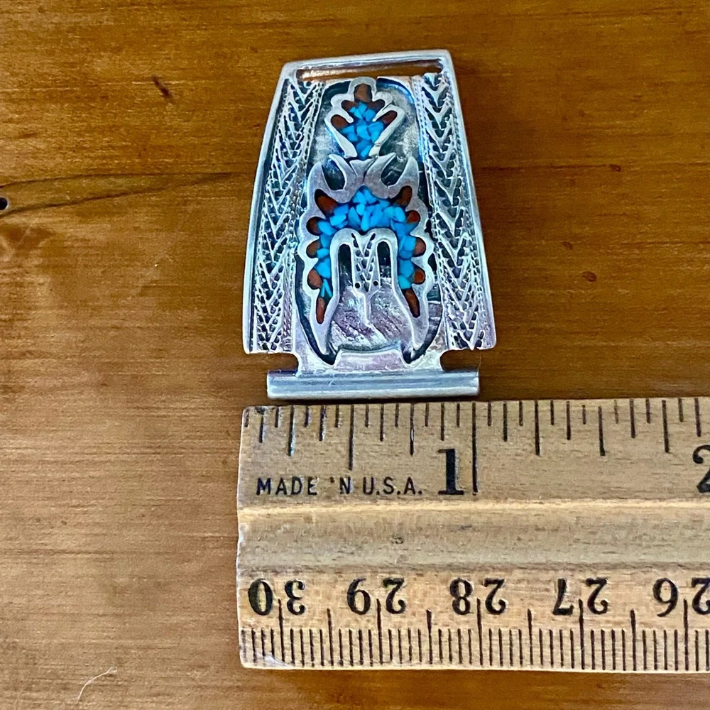 Vintage Native American Signed Thunderbird Turquoise Coral Mosaic Watch Tips